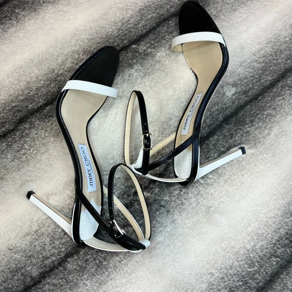 Jimmy Choo Minny 85 mm Lizard Mini Printed Leather Black White Mix Sandal Heels - Picture 7 of 12